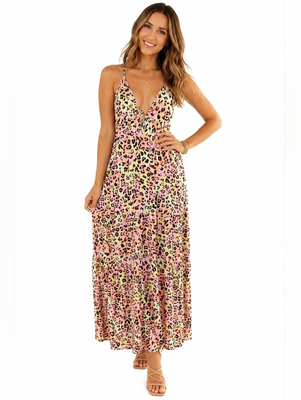 Bar III XL Pastel Leopard Print Maxi Dress Spaghetti Strap Boho Resort Wear